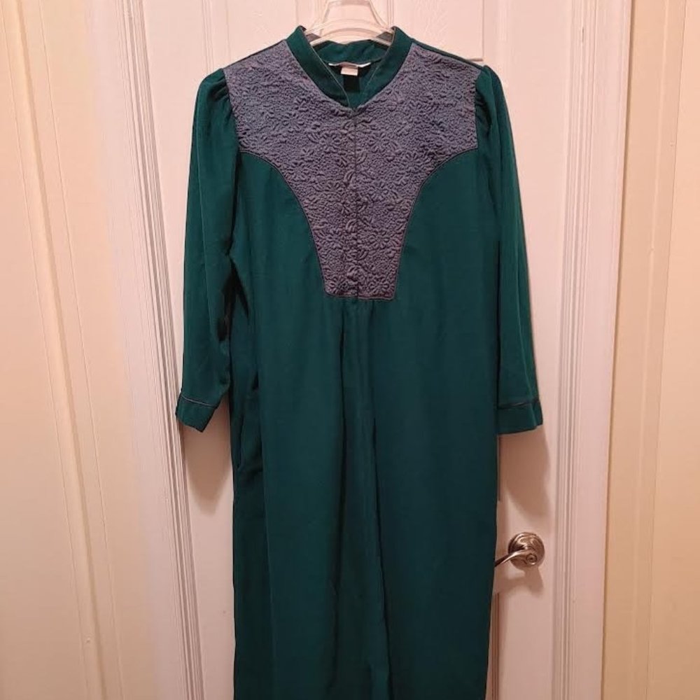 Vintage Partners Intimates Women Robe Housecoat 1/4 Zip Emerald Green Floral XXL